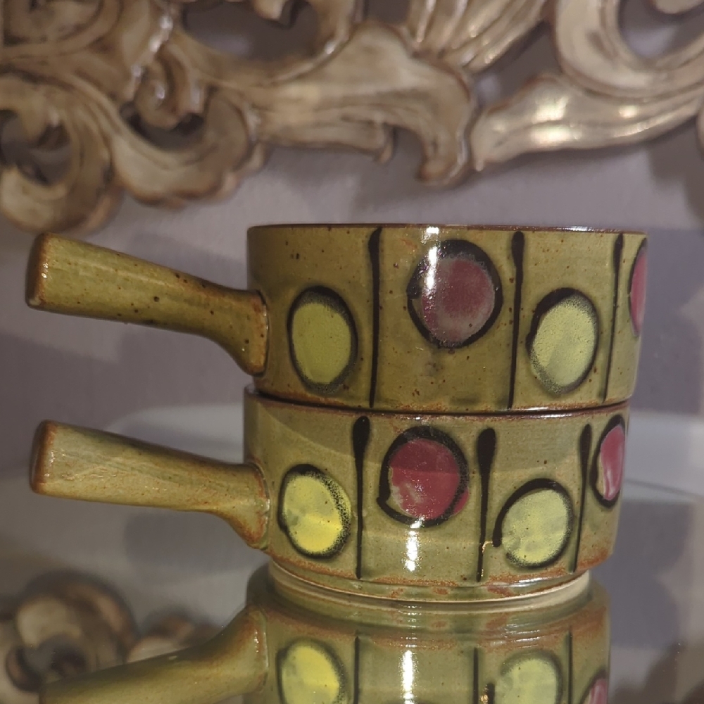 Vintage Japanese Hand-painted Handled Stoneware Soup Bowl, Set Of 2